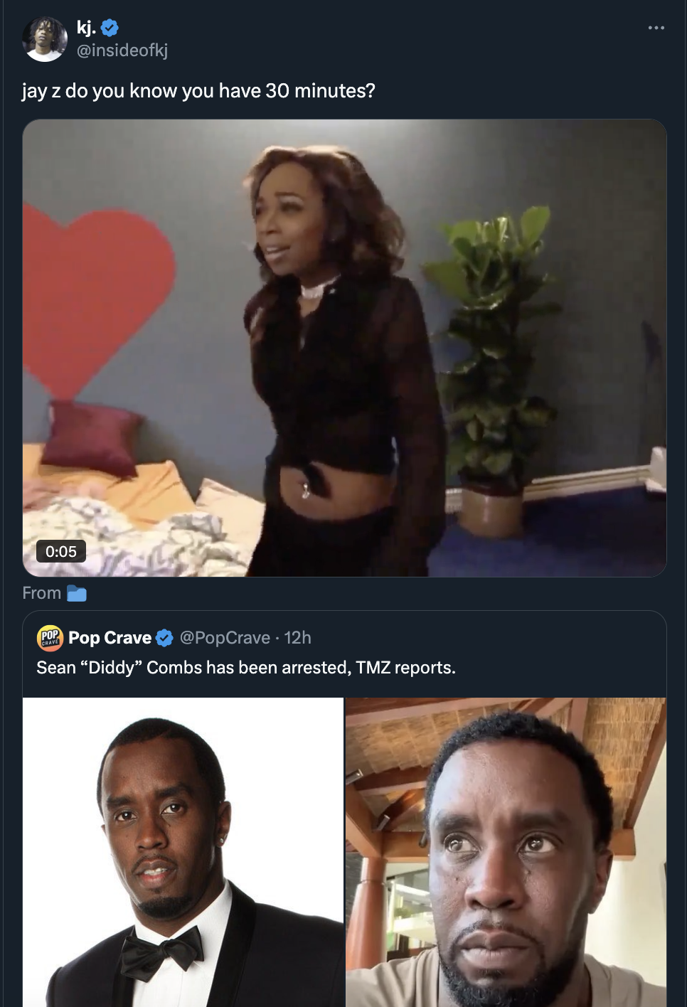 screenshot - kj. einsideofkj jay z do you know you have 30 minutes? From Pop Crave PopCrave 12h Sean "Diddy" Combs has been arrested, Tmz reports. 71